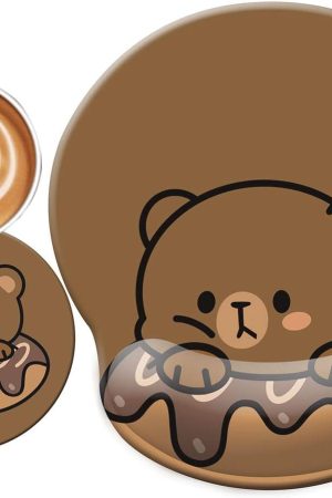 Cute Ergonomic Mouse Pad Wrist Support,[ 20% Larger] Wrist Rest Non-Slip Gel Anime Kawaii 3D Bear Donut Mouse Pads, Silicon Wrist Pad,with Coaster,Easy-Typing,Pain Relief, Game Work Study Home Office