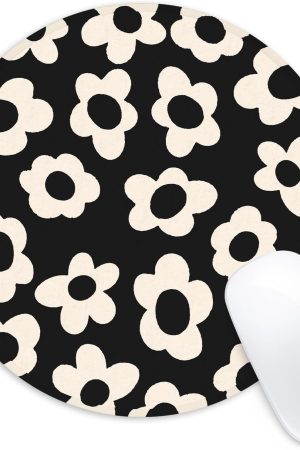 White Flower Round Mouse Mat - Funny Small Mouse Pad with Non-Slip Rubber Base for Home Office Decor - 8.7 Inch Round