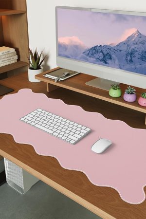 Pink Leather Desk Mat,Extra Large Scalloped Mouse Pad for Desktop,Waterproof PU Nail Table Mat,Cute Keyboard Mats for Women Girl,Non-Slip Desk Cover Mat for Office Home Dorm