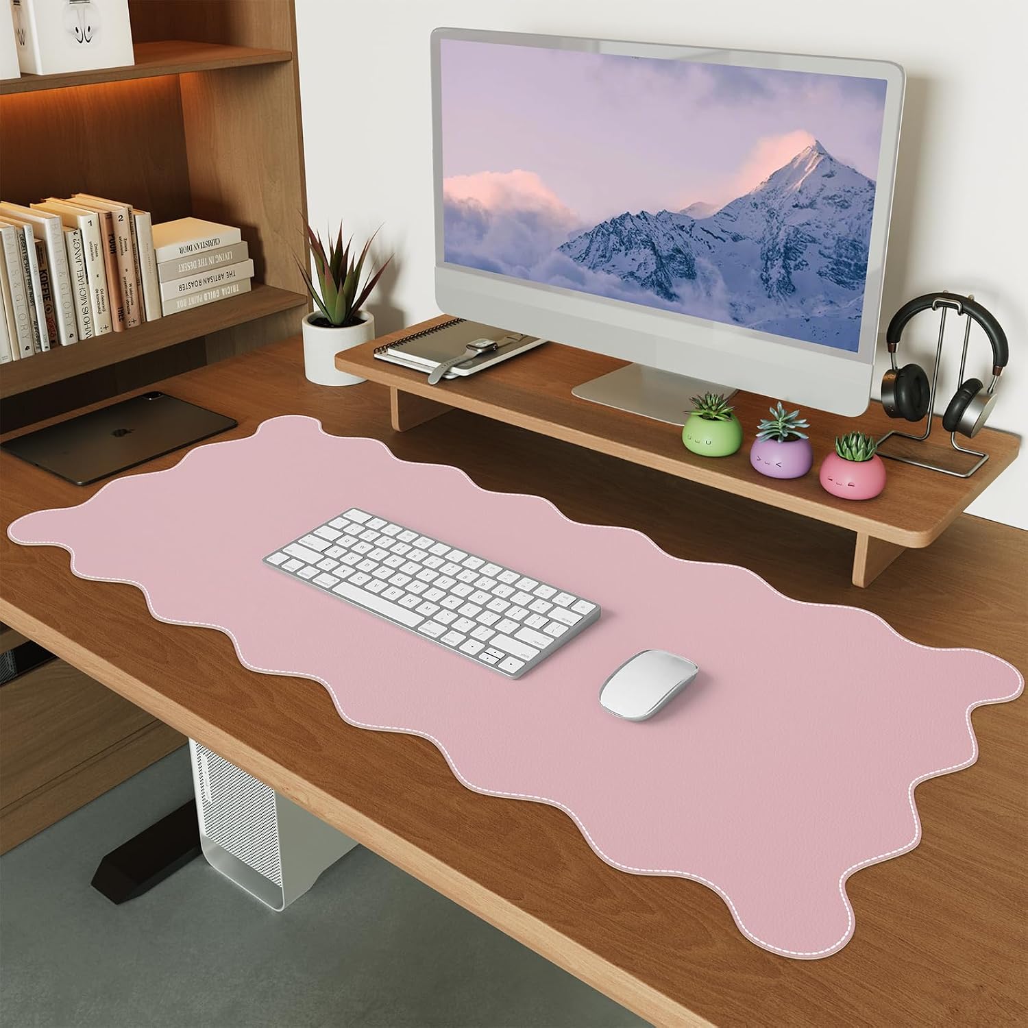 Pink Leather Desk Mat,Extra Large Scalloped Mouse Pad for Desktop,Waterproof PU Nail Table Mat,Cute Keyboard Mats for Women Girl,Non-Slip Desk Cover Mat for Office Home Dorm