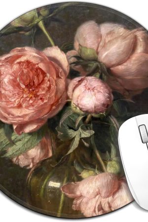 Vintage Moody Floral Mouse Pad, Cottagecore Dark Academia Pink Peony Flower Round Mousepad Mouse Mat with Anti-Slip Rubber Base for Computer Laptop Home Office Desk, 7.9x7.9 in