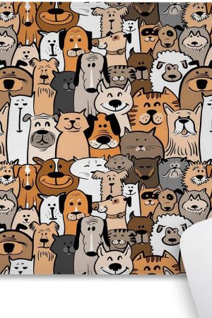 Cats and Dogs Mouse Pad, Retro Funny Domestic Animals Design Desk Mat | Cute Pet Cartoon Doodle Art, Portable Mousepad, 9.5 x 7.9 Inch Stitched, Anti-Slip Rubber Base, Smooth Fabric Surface