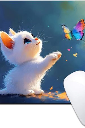 Cute Cat Mouse Pads for Desk, 9.5" x 7.9" Portable Small Computer Mouse Pad for Women Kawaii Kitten Mousepad, Non-Slip Rubber Base Cartoon Butterfly Mousepads with Design for Laptop, Home & Office