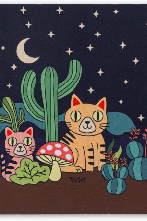 Small Mouse Pad with Cute Desert Cats Design | Black Mouse Pad with Cats, Desert Plants, Mushroom and Cactus under Starry Night Sky | Smooth Fabric Surface, Non-Slip Rubber Base (Desert Cats, Small)