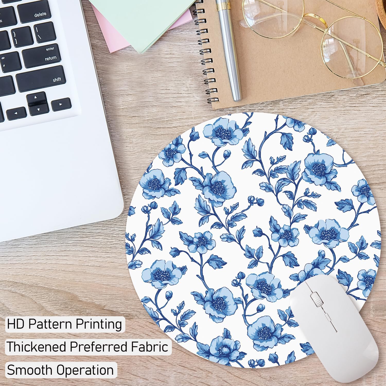 Blue Floral Flower Round Mouse Pad, Cute Flowers Non-Slip Base Mousepad Gift, Light Blue Floral Gifts Desktop Protection Mouse Mat for Office Computer Desk Home, 8.7x8.7 Inches - Image 2