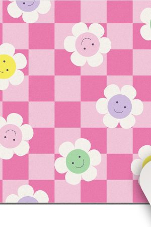 Pink Checkered Mouse Pad Smile Face Daisy Mousepad Retro Groovy Preppy Aesthetic Desk Cute Mat Square Travel Computer Wireless Laptop Girl Girly Pattern Accessories Office Rubber Washable Decor