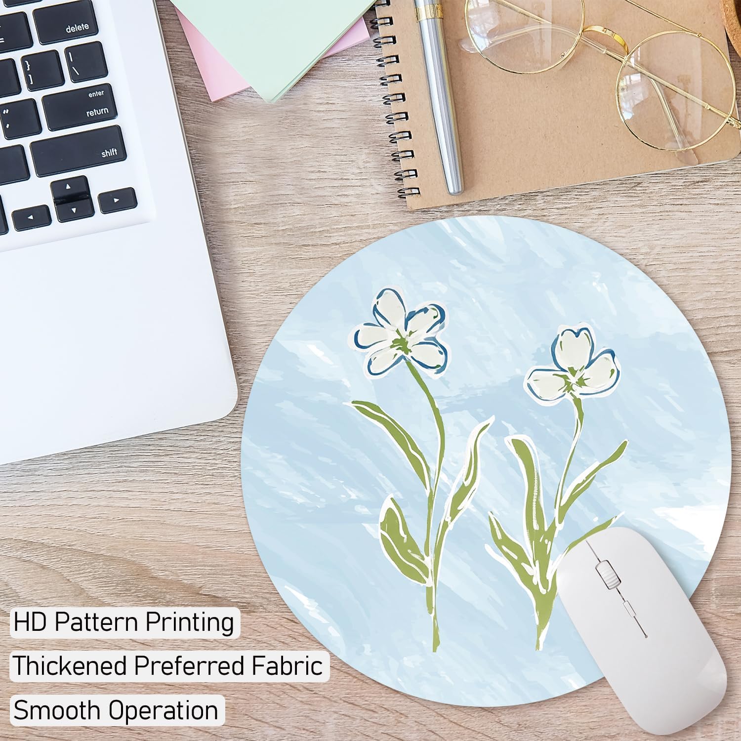 Light Blue Floral Round Mouse Pad, Blue Wildflowers Non-Slip Base Mousepad Gift, Cute Floral Gifts Desktop Protection Mouse Mat for Office Computer Desk Home, 8.7x8.7 Inches - Image 2