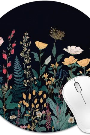 Floral Mouse Pad 8x8 in, Cute Botanical Garden Funny Decoration Round Mousepad with Non-Slip Rubber Base for Computer Laptop Desk, Aesthetic Flowers