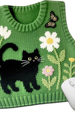 Funny Mouse Pad Cute Knitted Sweater-Shaped Vest Print Unique Novelty Mousepad Cat Butterfly Flower Pattern Green